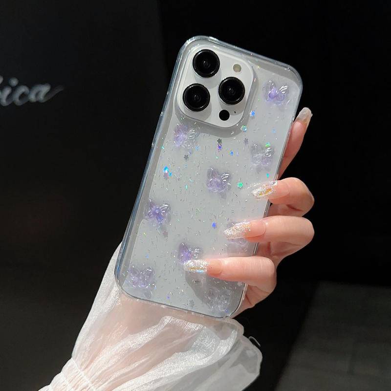 Casing Bening Glitter Kristal Kupu-Kupu Ungu Untuk Iphone14 13 12 11 Pro MAX Plus Mini Cases Mewah Shockproof Cover Untuk iPhone X XS MAX XR 7 8 Plus SE 2022 2020 14Plus 13Mini 12Mini