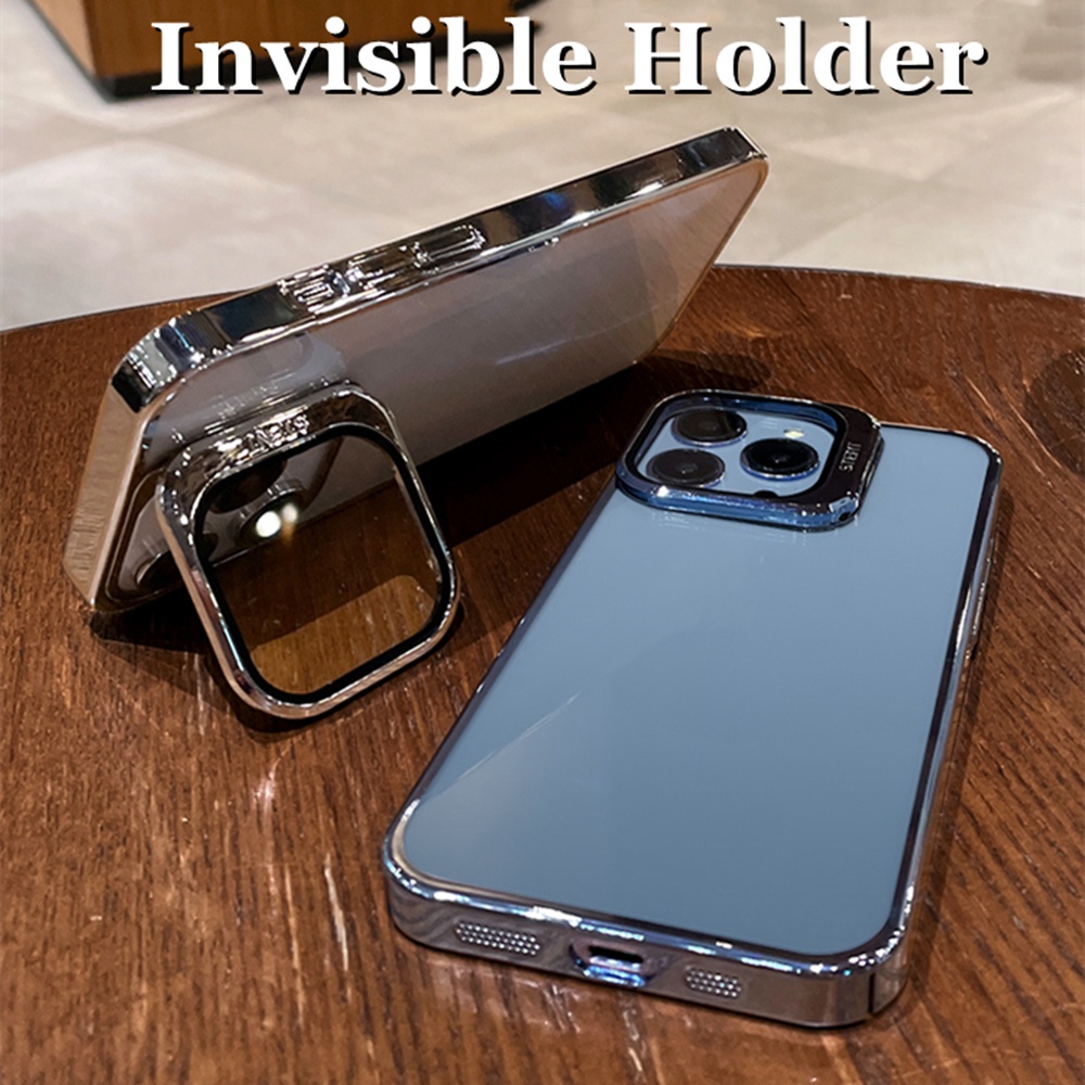 Casing Bening Pelindung Kaca Lensa Flip Untuk Iphone12 13 Pro 14 Pro Max14 Plus PC Bumper Invisible Holder Stand Casing iPhone