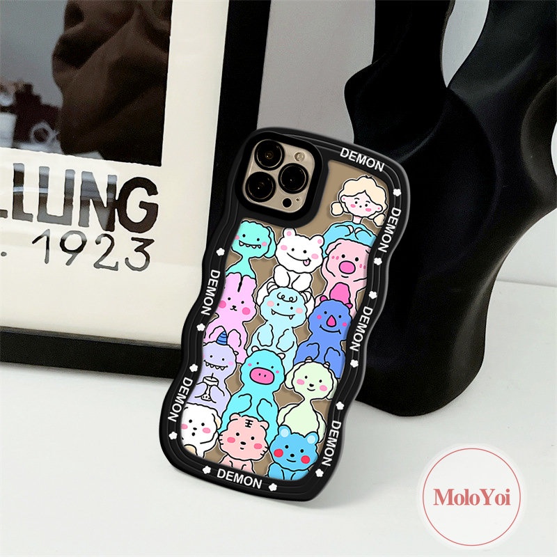 IPHONE Kartun Hewan Lucu Monster Kecil Case Kompatibel Untuk Iphone11 13 12 14 Pro Max 7Plus XR X XS Max 6s 6 7 8 Plus 14Plus SE 2020 Wavy Edge Tpu Soft Phone Cover