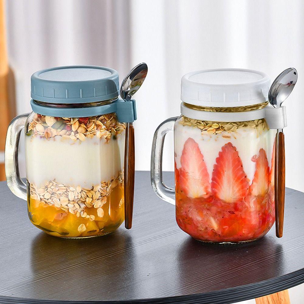 R-FLOWER Semalam Oats Jars Portable Dengan Tutup Milk Cup Glass Breakfast Jar