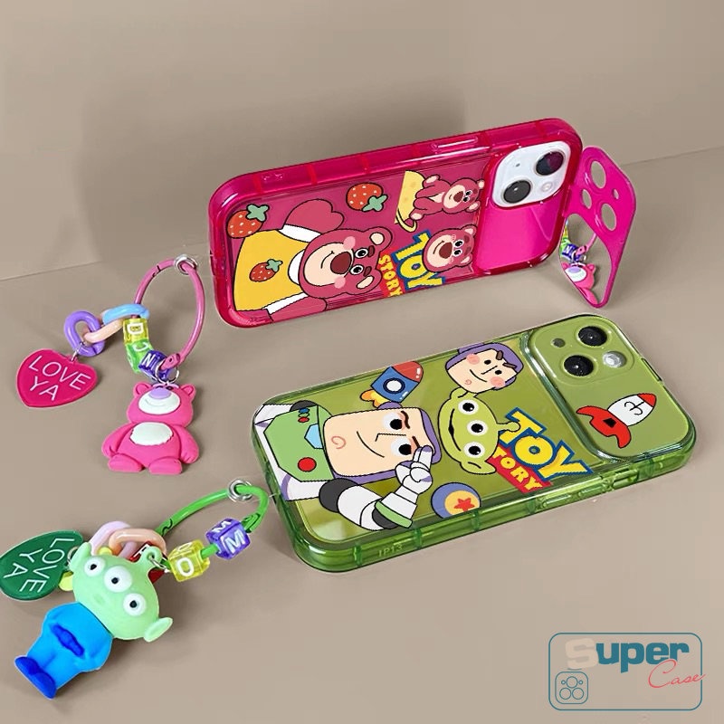 IPHONE Kartun Gelang Flip Make Up Cermin 3D Boneka Case Kompatibel Untuk Iphone7 8 14 Plus XR 11 13 12 14 Pro MAX X XS MAX SE Cute Toy Story Strawberry Bear Manyo Shockproof Soft Cover