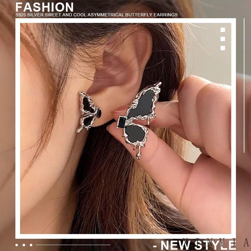 [xinyia.id11] S925 Perak Manis Keren Asimetris Anting Kupu-Kupu Desain Perempuan Rasa Kepribadian Earrings