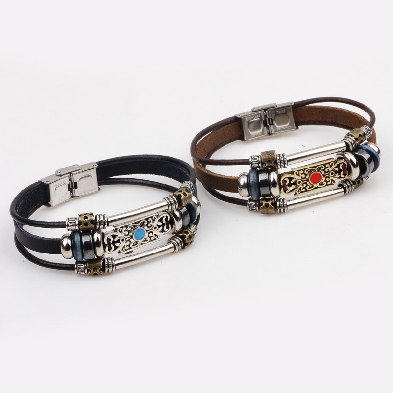 [X C Gelang] Baru Gelang Pasangan Stainless Steel Hitam Kulit Vintage Hip Hop Punk Gelang Kulit Lengan Manik-Manik Multilayer Zinc Alloy Anyaman Gelang