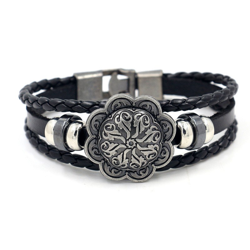 [X C Gelang] Baru Rune Perisai Gelang Kulit Hitam Vintage Hip Hop Punk Gelang Kulit Lengan Manik-Manik Multilayer Zinc Alloy Anyaman Gelang