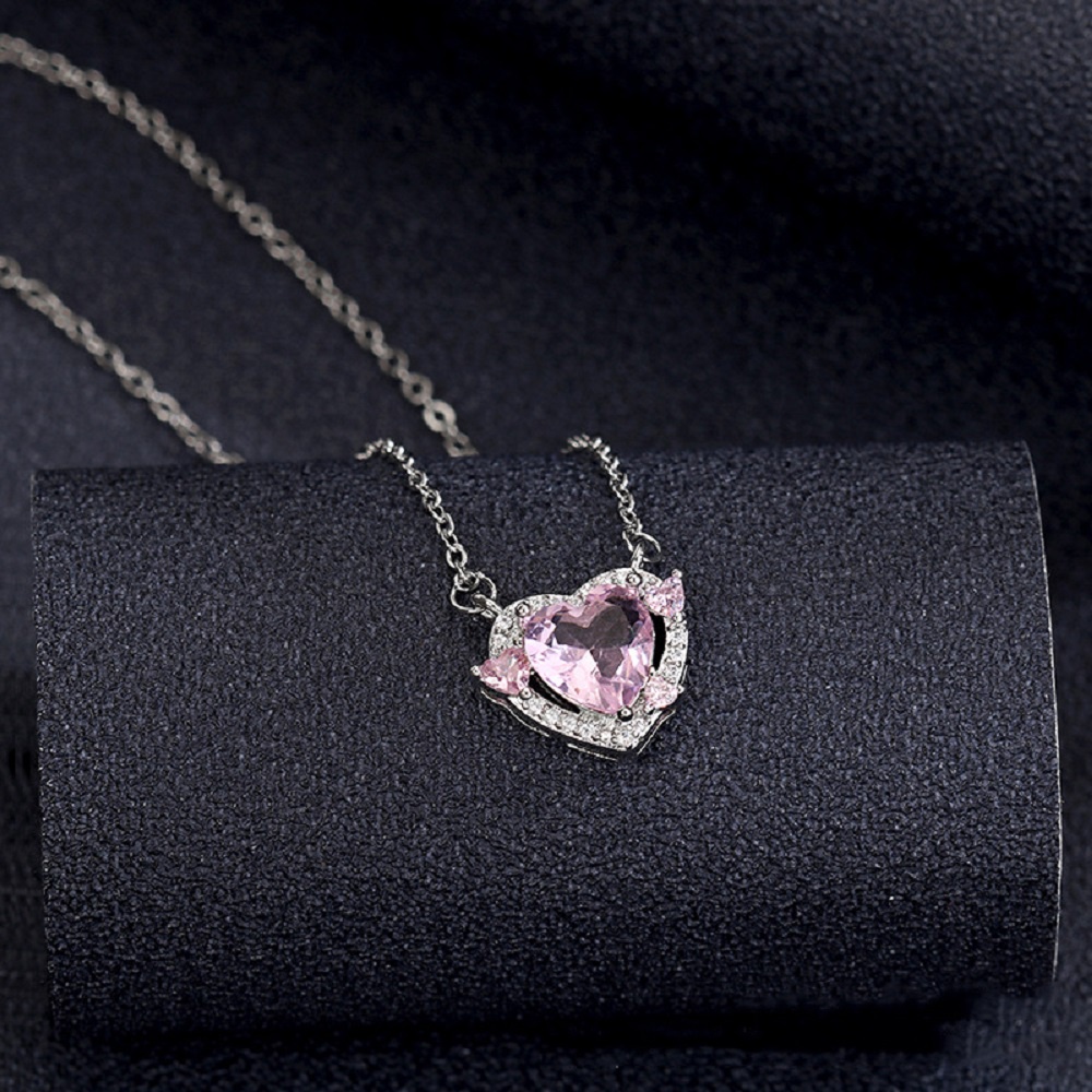 Kalung Hati Batu Permata Pink Mewah Untuk Wanita Elegan Zirkon Rantai Liontin Kalung Perhiasan Aksesoris