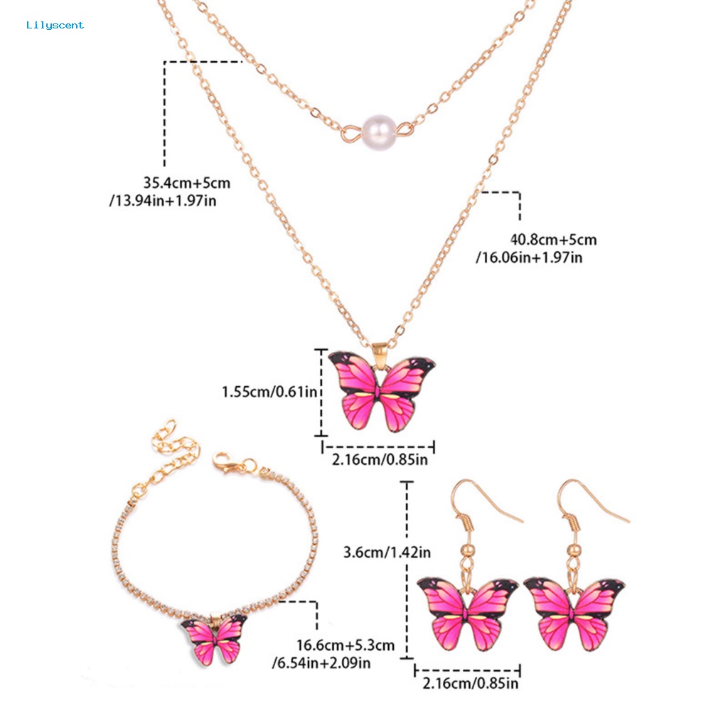 Lilyscent 3 Pcs/Set Mudah Cocok Kupu-Kupu Set Perhiasan Wanita Aksesori Kalung Menjuntai Anting Gelang Set High Gloss