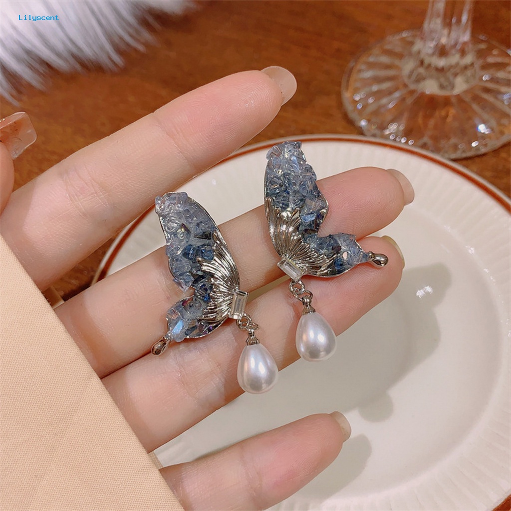 Lilyscent 1pasang Dainty Menjuntai Anting Fashion Perhiasan Rusak Kristal Imitasi Kupu-Kupu Sayap Stud Earrings Elegan