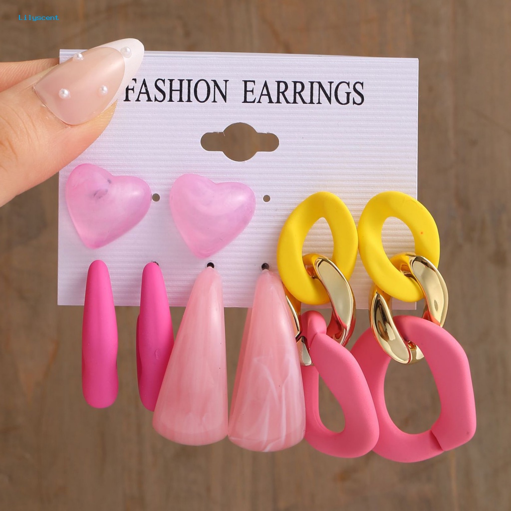 Lilyscent 4per6pasang Warna Vibrant Menjuntai Anting Perhiasan Aksesoris Kreatif Wanita Minimalis Stud Earrings Permukaan Halus