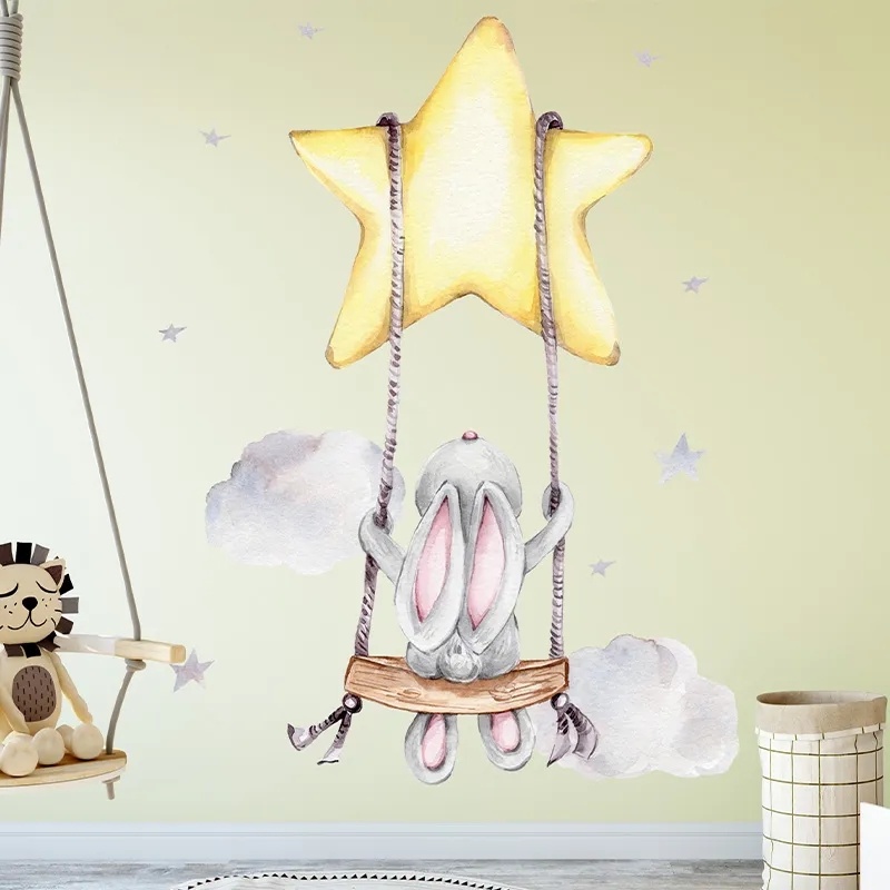 Lucu Kartun Kelinci Swing on The Stars Stiker Dinding/DIY Self-adhesive Big Golden Star Wall Decals Untuk Dekorasi Kamar Anak