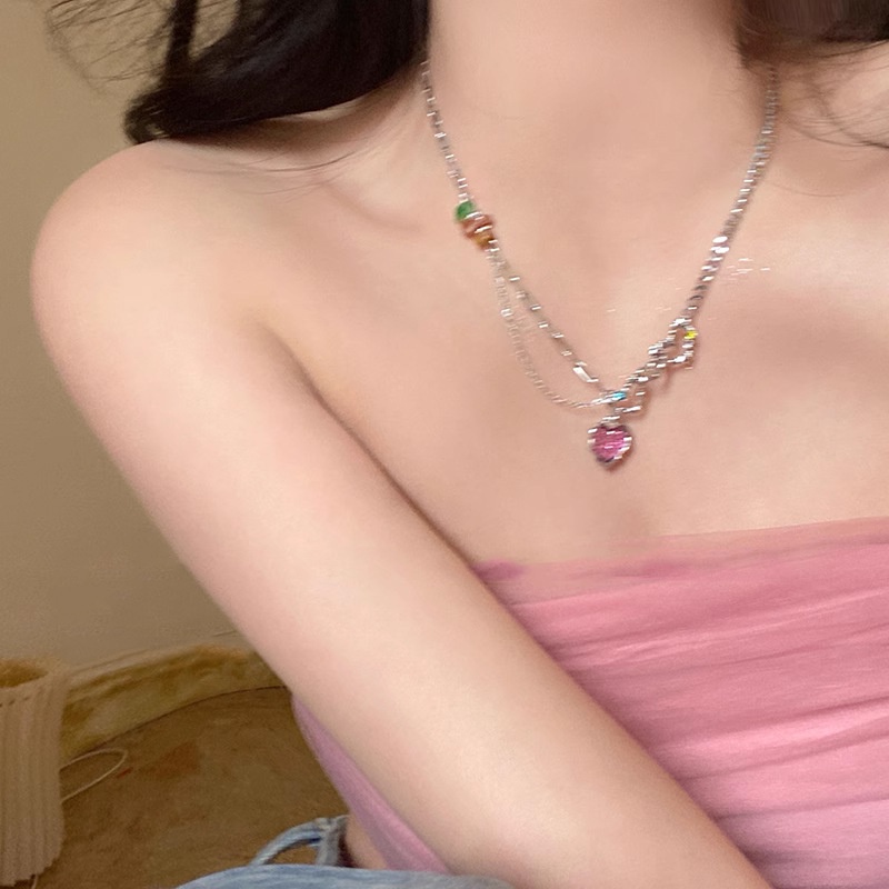 Ahellogirl Warna Cinta Liontin Klavikula Rantai Perempuan Ins Fashion Kalung