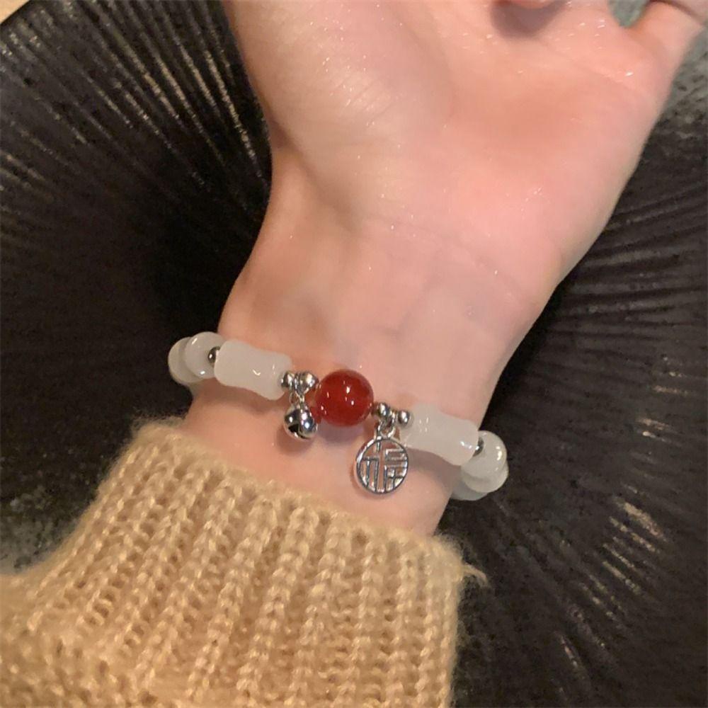 Mxbeauty Wanita Gelang Pesta Pernikahan Perak Bola Liontin Fashion Elastis Perhiasan Giok Imitasi Indah Klasik Paduan Berwarna Glasir Bangle