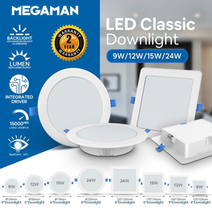 MEGAMAN Downlight Bulat / Kotak 7w 9w 12w 15w 24w Cahaya Putih