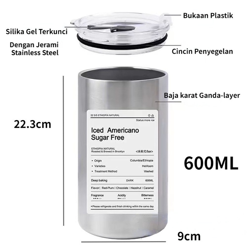 【COD】600ml Stainless Steel Botol/Botol Minum Stainless Steel/Stainless Steel Cangkir Tumbler Kopi/Botol Minum Tumbler Kopi 600ml