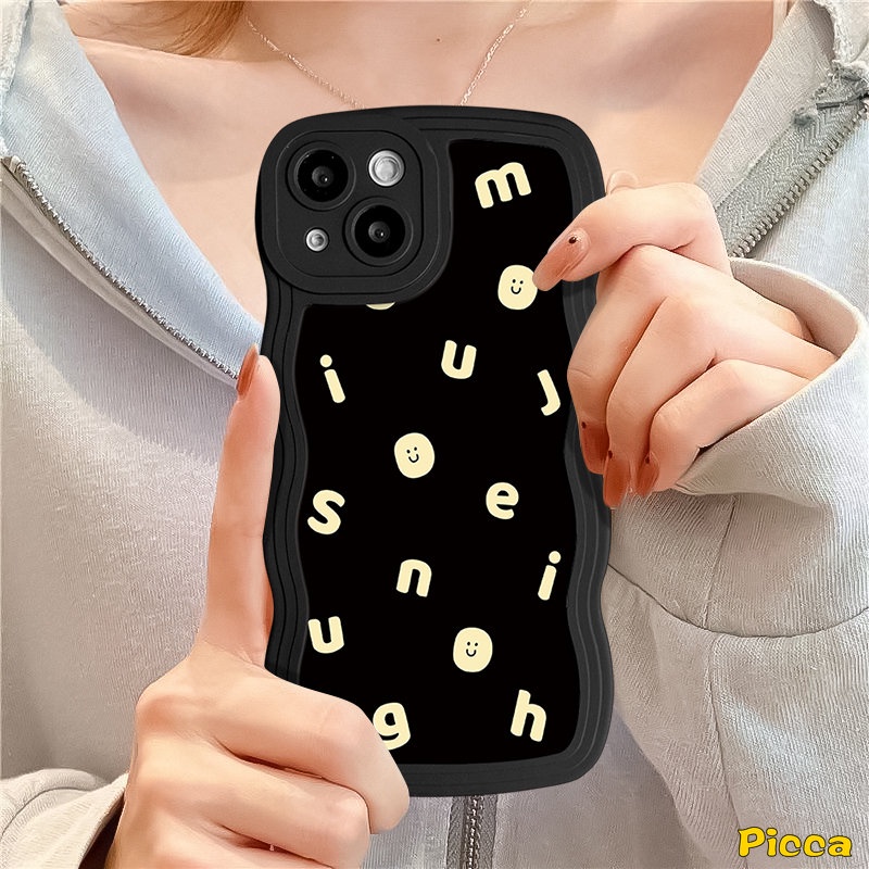 Ins Kartun Sederhana Alfabet Smile Couple Phone Case Kompatibel Untuk iPhone 7Plus XR 11 14 13 12 Pro Max 6s 7 8 6 14 Plus X XS Max SE 2020 Tepi Bergelombang Lembut Tpu Cover