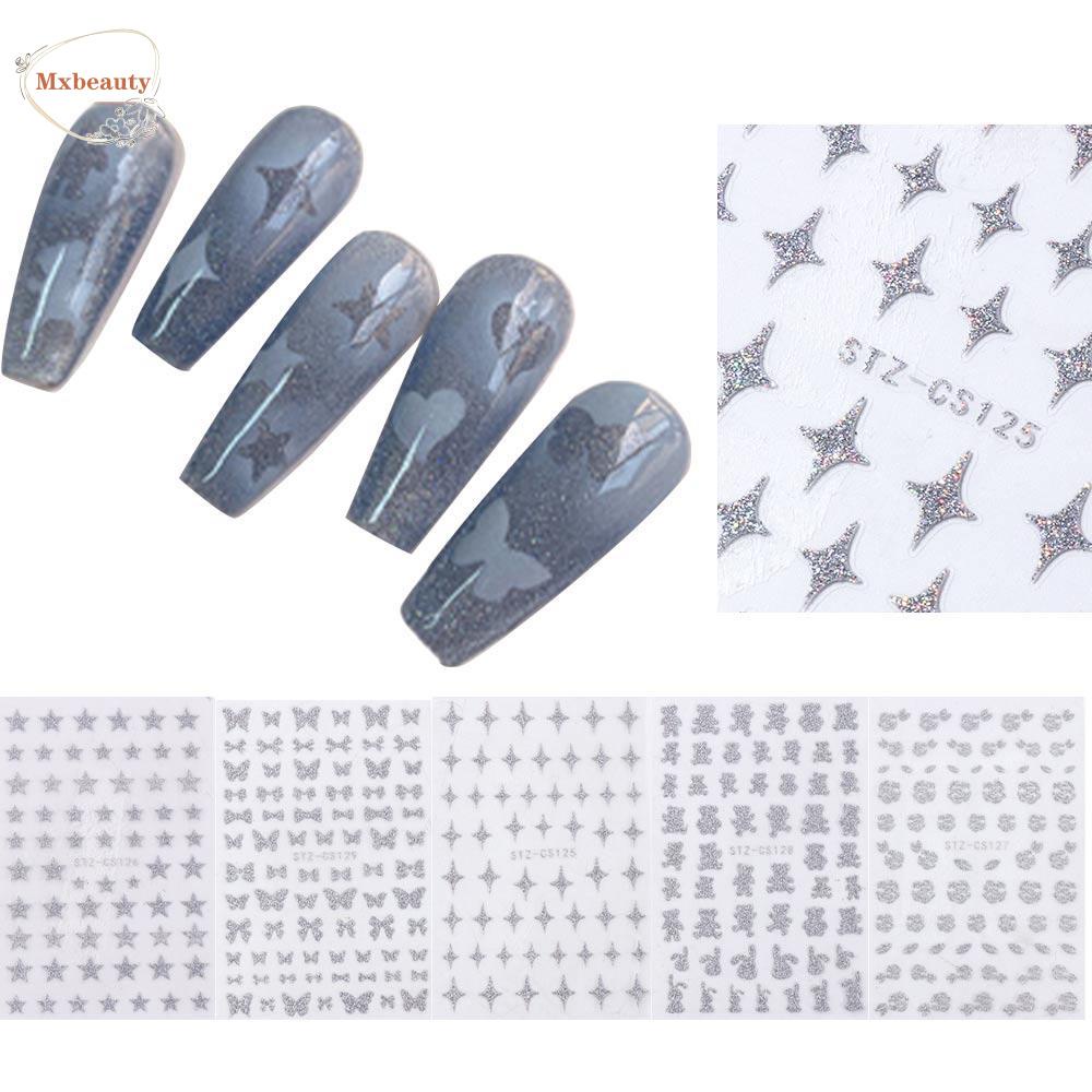 Mxbeauty Glitter Kuku Stiker Perak Bintang Laser Kartun Hewan Perekat Diri Mawar DIY Manicure Aksesoris Gadis Nail Art Dekorasi