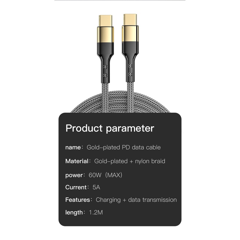 Kabel PD Type-c 60W Fast Charger Lapis Emas Kompatibel Untuk Laptop Charge Huawei FCP Qualcomm 4.0