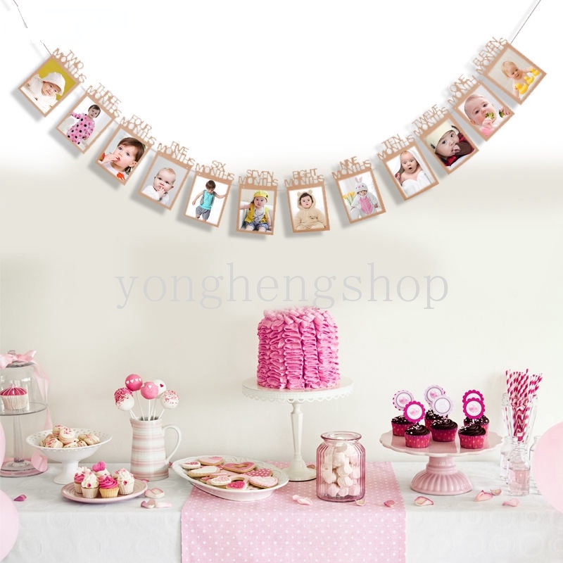 Baby's 1st Birthday Party Hiasan Dinding 12bulan Bingkai Foto Bunting Garland DIY Foto Banner Tarik Bendera Baby Shower Perlengkapan Dekorasi