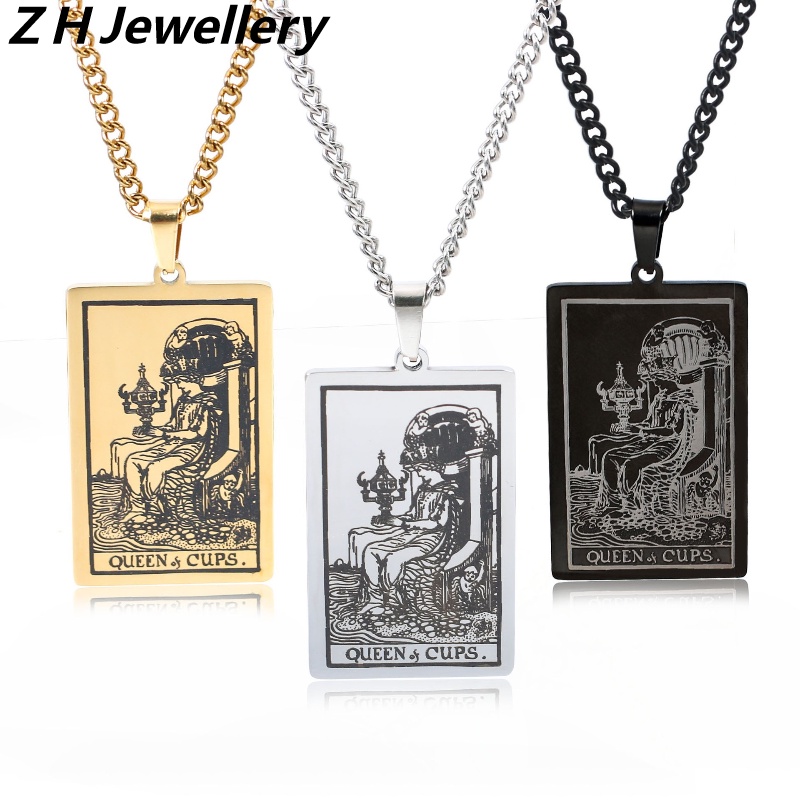 Z H Perhiasan Vintage Waite Tarot Grail Suci Ratu Liontin Fashion Pria Anti Karat Kalung Hip Hop Baja Titanium Aksesoris Pesta