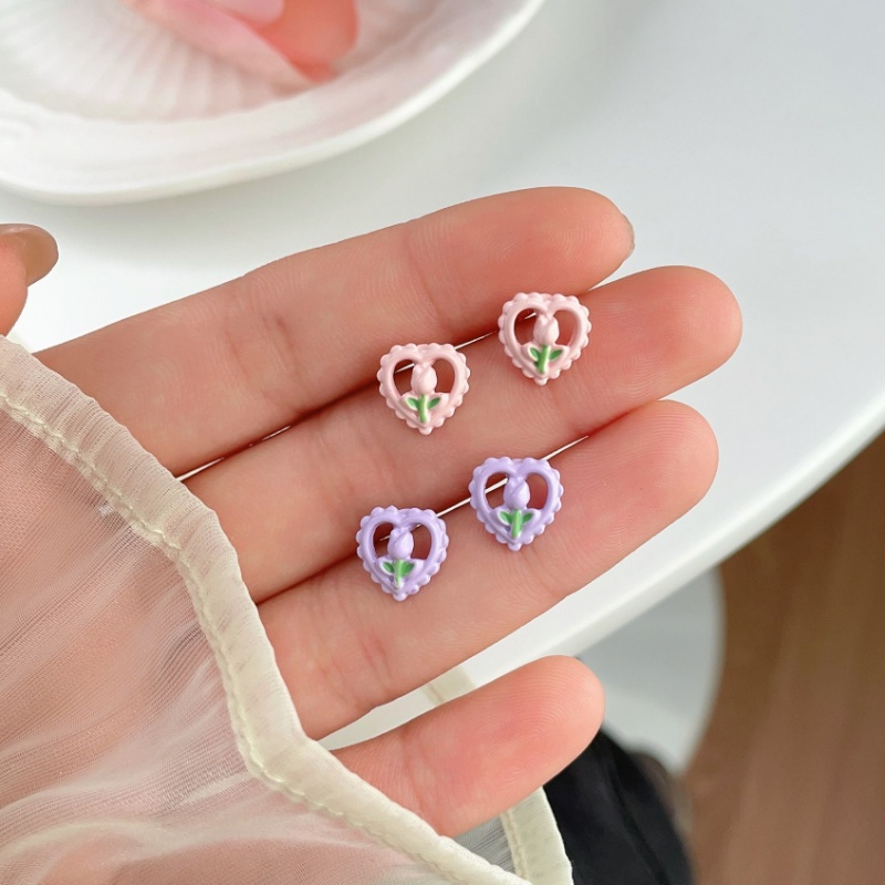 Anting Bunga Sweet Bow Heart Giwang Telinga Tulip Pink Untuk Wanita Perempuan