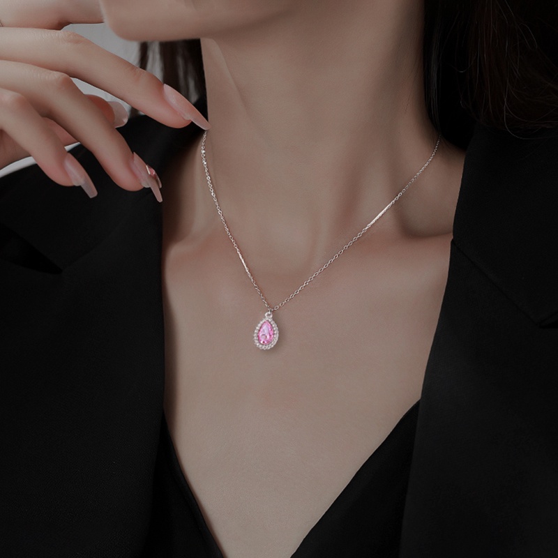 Rantai Kalung Zirkon Lucu Perak Pink Untuk Wanita Fashion Tetesan Air Bentuk Liontin Necklaces Jewelry