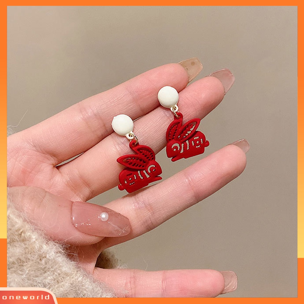 [EONE] 1pasang Anting Menjuntai Kelinci Dekorasi Karakter Cina Romantis Menguntungkan Mutiara Imitasi Hiasan Telinga Vintage Cina Merah Cutting Paper Rabbit Earrings Aksesoris Pakaian