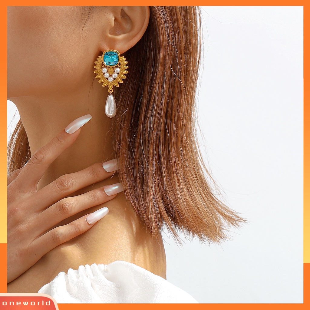 [EONE] 1pasang Anting Pejantan Gaya Perancis Berlian Imitasi Biru Retro Medieval Elegan Faux Pearl Drop Earrings Fashion Jewelry