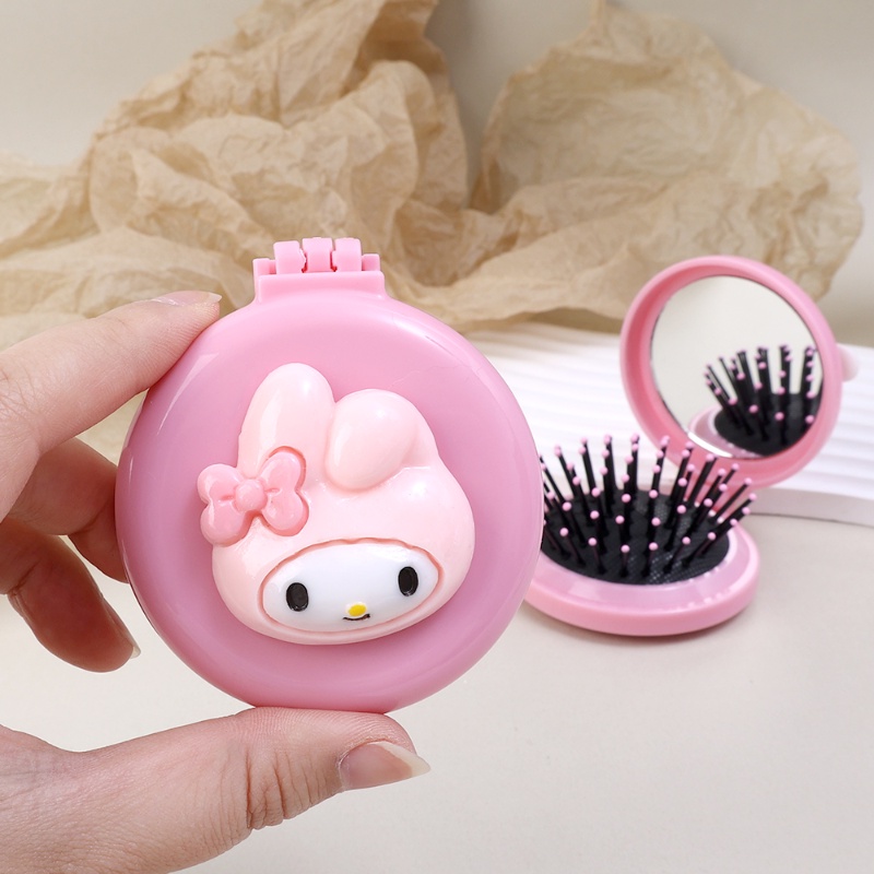 Sisir Bantal Udara Melingkar Kartun Dengan Cermin/Sikat Rambut Lipat Mini Portable/Sisir Airbag Pijat Lucu/Perlengkapan Travel Alat Styling Rambut