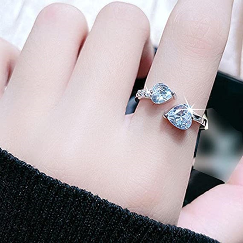 Fashion Elegan INS Adjustable Terbuka Dua Kepala Jantung Cincin Trendi Wanita Perak Geometris Kubik Zirkon Jantung Jari Rings Untuk Pernikahan Valentine Perhiasan