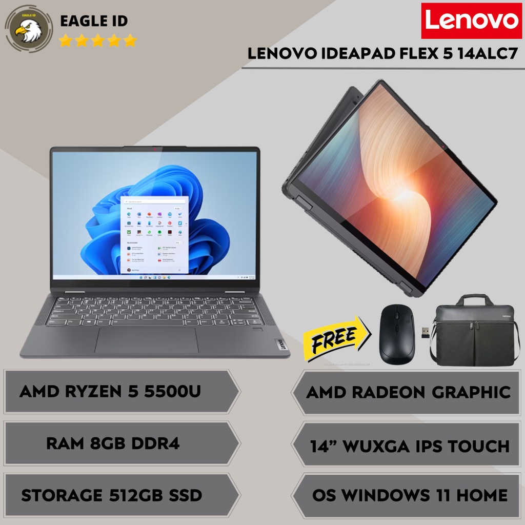 LAPTOP EDITING TOUCHSCREEN LENOVO IP FLEX 5 14ALC7 5500U RAM 8GB SSD 512GB WINDOWS 11 TERBARU