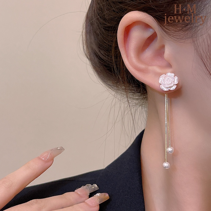 Anting Rumbai Mutiara Panjang Bunga Camelia Simple2023New