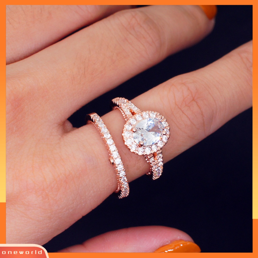 [EONE] 2 Pcs/Set Fashion Cincin Geometris Berlian Imitasi Bertatahkan Elektroplating Hypoallergenic Bersinar Dekorasi Perhiasan Aksesori Lady Bridal Pernikahan Cincin Pernikahan Aksesori