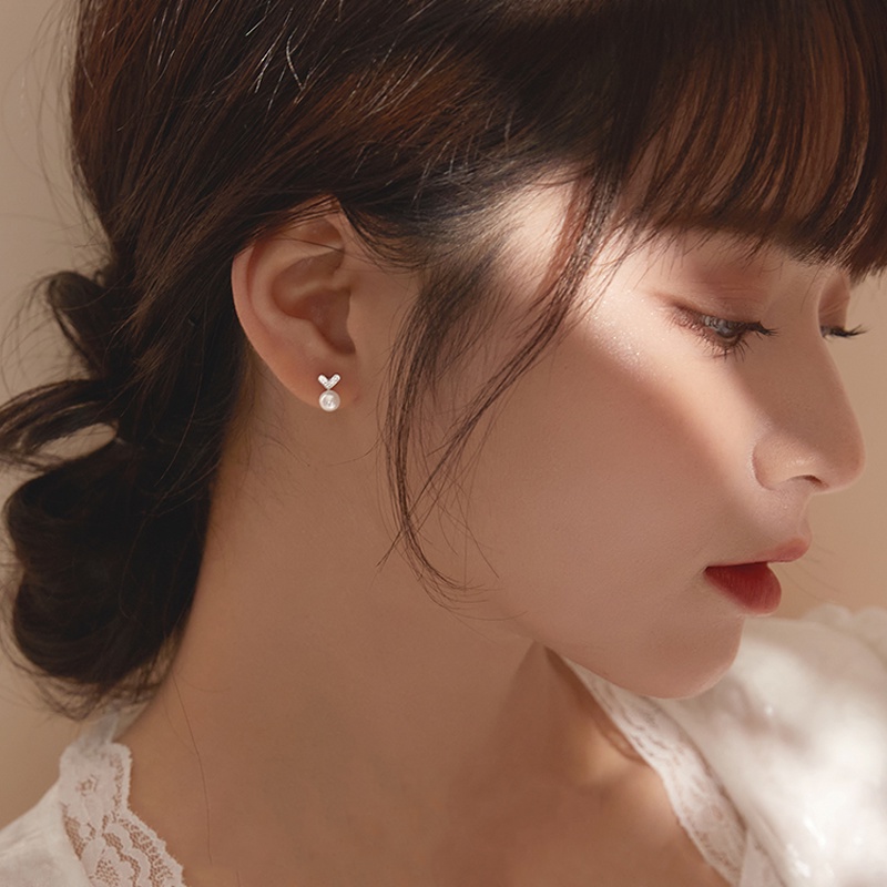 Magic789 Chic S925 Perak Bersinar Kristal Hati Mutiara Stud Anting-Anting Untuk Wanita Perempuan Elegan Berkilau Zirkon Peach Jantung Anting-Anting Bergaya Telinga Perhiasan