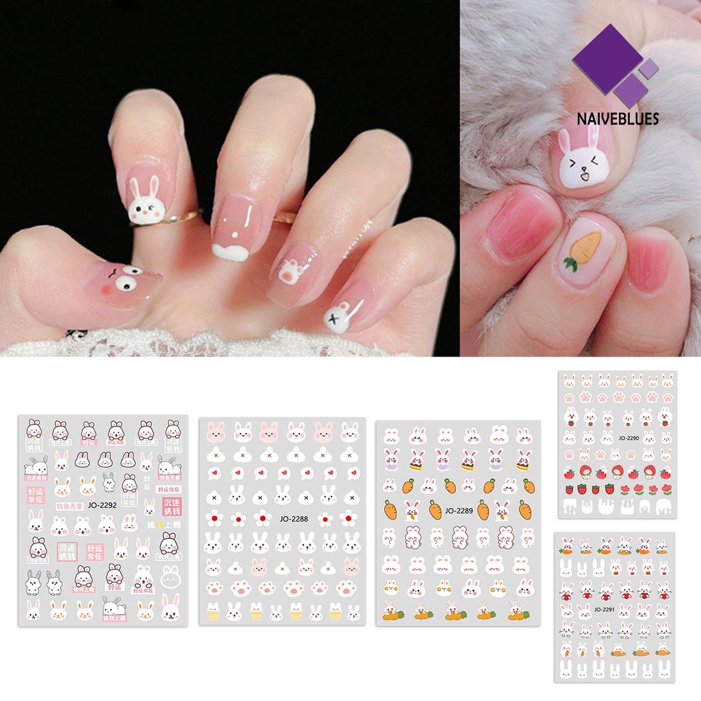 [naiveblues] 2 Pcs Kuku Decal Tidak Luntur Perekat Diri Yang Dapat Dilepas DIY Kartun Kelinci Wortel Stiker Manicure