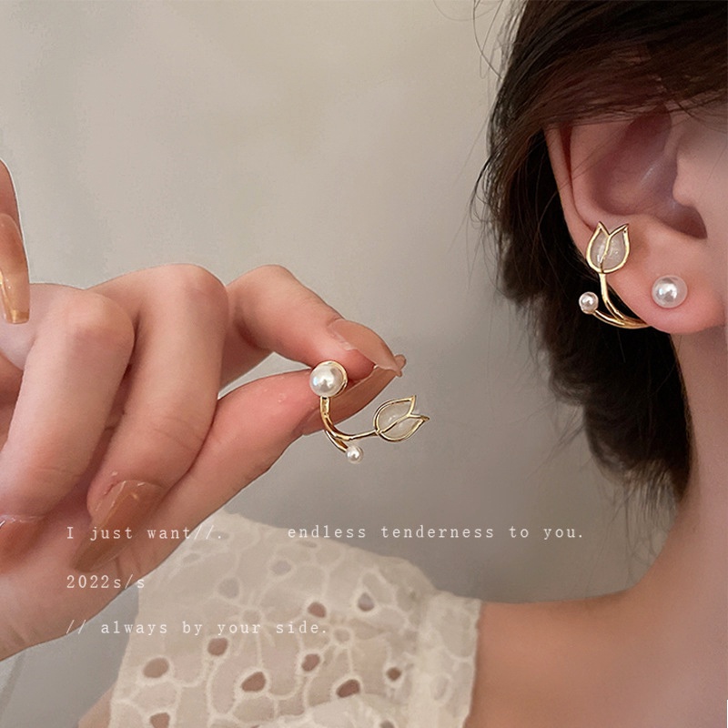 Anting Tusuk Tulip YEEZII Anting Emas Opal Mutiara Sederhana Untuk Perhiasan Aksesoris Wanita