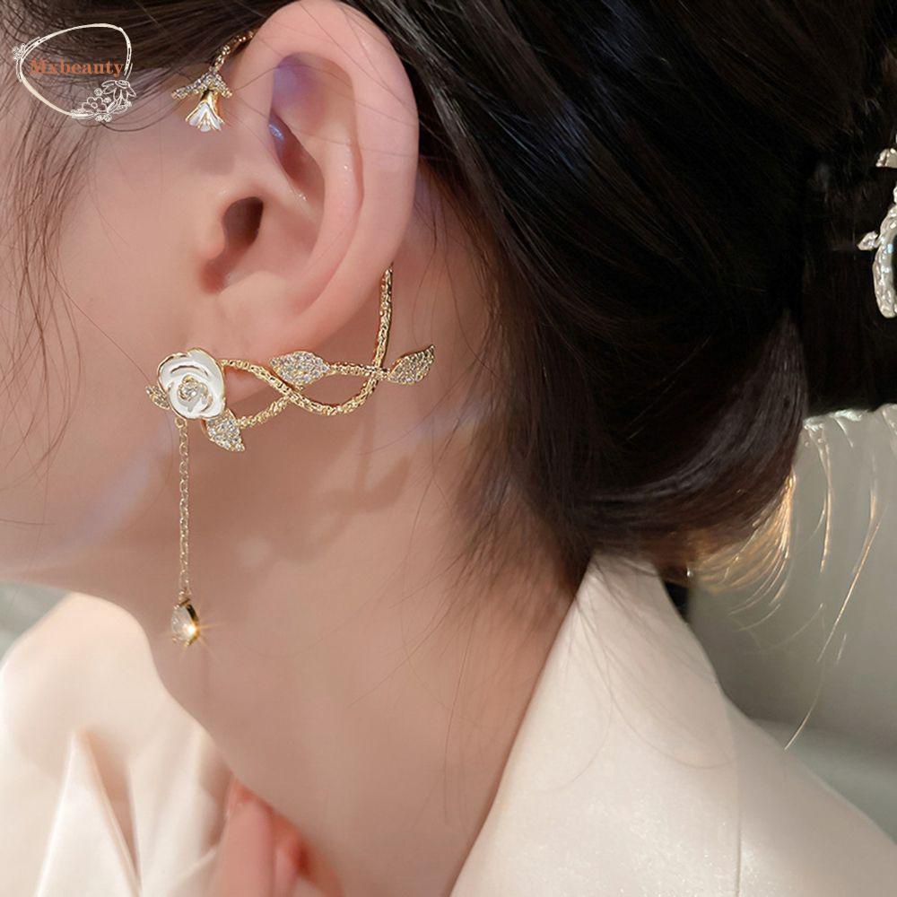 Mxbeauty Anting Klip Bunga Mawar Trendy 1pc Rantai Panjang Perempuan Tanpa Tindik Zirkon Gaya Korea Klip Telinga