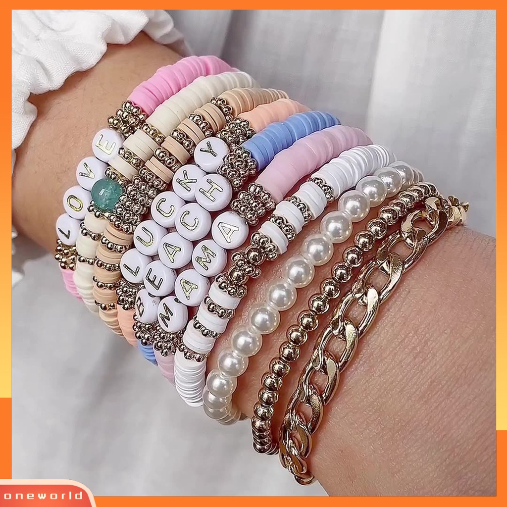 [EONE] Wanita Gelang Huruf Bahan Polymer Clay Elastis Indah Ringan Gelang Boho Untuk Pesta