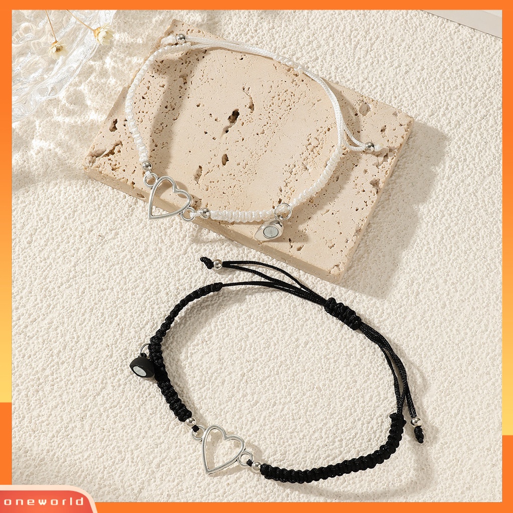 [EONE] 2pcs Gelang Tangan Tenun Adjustable Strand Hand Made Tahan Aus Dekorasi Geometris Berongga Pencocokan Jarak Jantung Gelang Aksesoris Pakaian