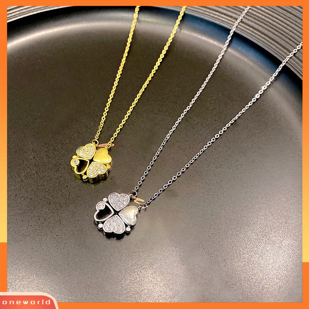 [EONE] Wanita Kalung ic Cinta Hati Mewah Baja Titanium Berlian Imitasi Tertanam Empat Daun Semanggi Liontin Kalung Fashion Perhiasan