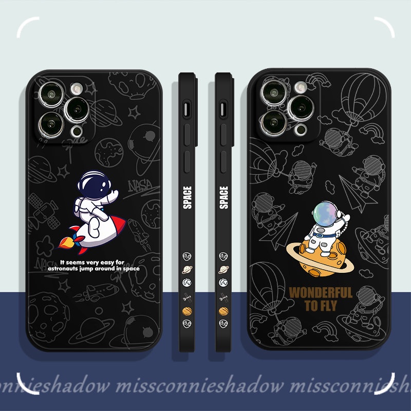 IPHONE Casing Pola Samping Astronot Luar Angkasa NASA Lucu Kompatibel Untuk Iphone11 14 13 12 Pro Max 7Plus XR 7 6S 8 6 Plus X XS Max SE 2020 Tpu Lembut Penutup Belakang Tepi Lurus