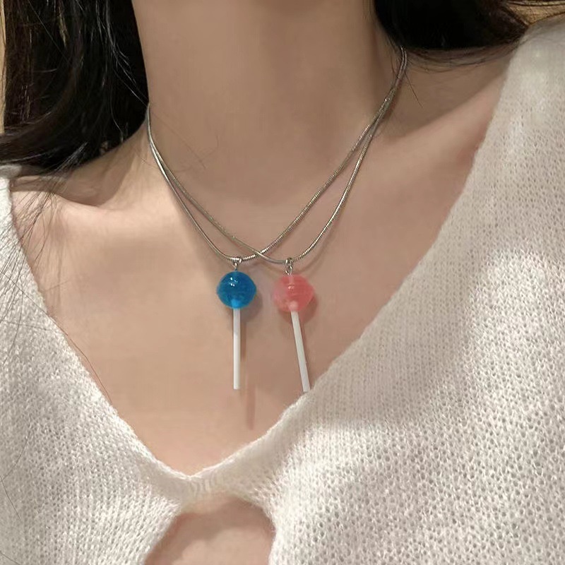 Manis Lucu Lolipop Kalung Sahabat Pasangan Perhiasan Fashion Jepang Kerah Rantai Pink Biru Lolipop Liontin Rantai Kreatif Lucu Klavikula Rantai Y2K Kepribadian Aksesoris