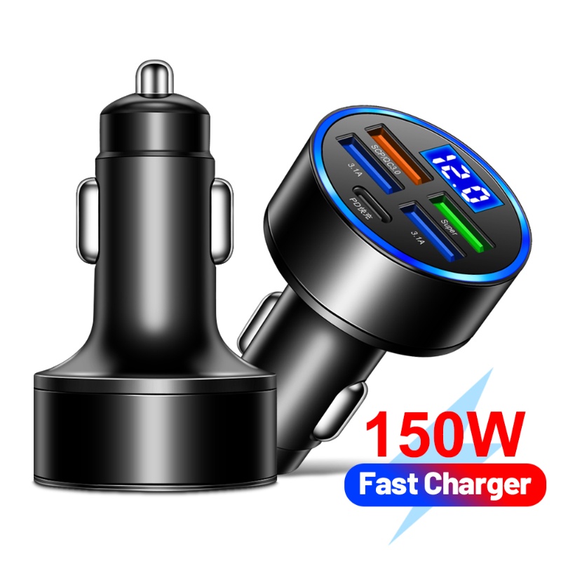 150w 5port LED Digital Display PD USB Charger Mobil Pengisian Cepat Tipe C/Adaptor Telepon USB Quick Charger Aksesoris Interior Otomatis