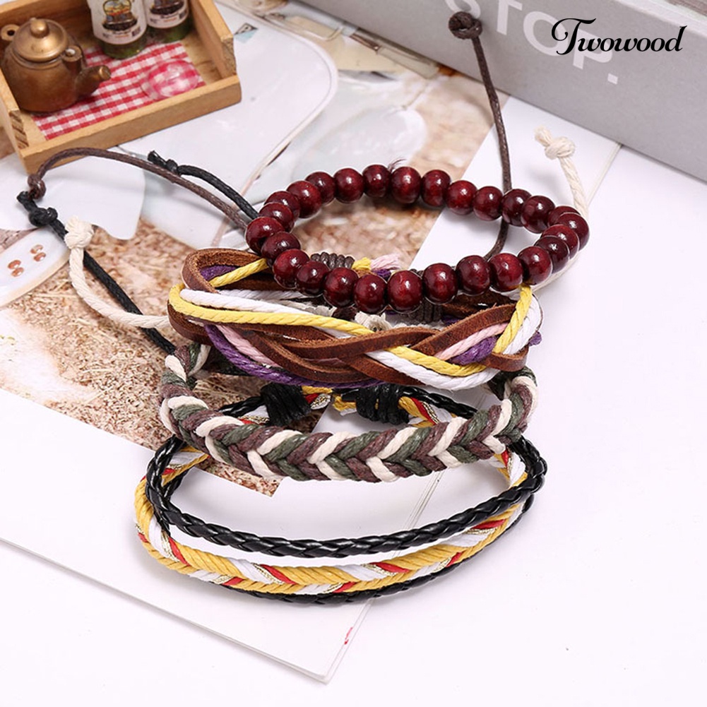 Twowood 4Pcs Pria Kulit Imitasi Adjustable Braided Rope Bangle Gelang Pergelangan Tangan Perhiasan