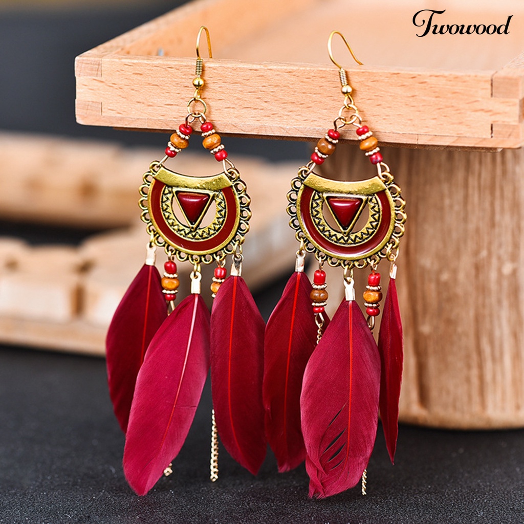 Twowood 1pasang Anting Kait Gaya Bohemia Etnik Bulu Sintetis Indah Lady Boho Anting Menjuntai Untuk Prom