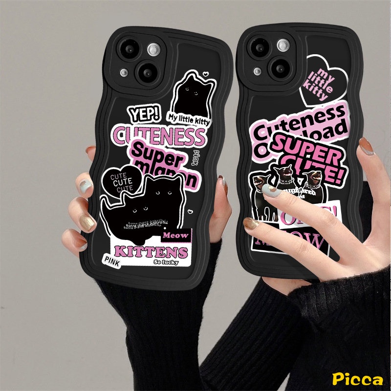 IPHONE Casing Ponsel Kartun Kucing Anjing Keren Kompatibel Untuk Iphone14 11 12 13 Pro Max 7Plus 8Plus XR X7 8 6 14 6s Plus XS Max SE 2020 Ins Trendy Stiker Label Lembut Tpu Bergelombang Penutup Tepi