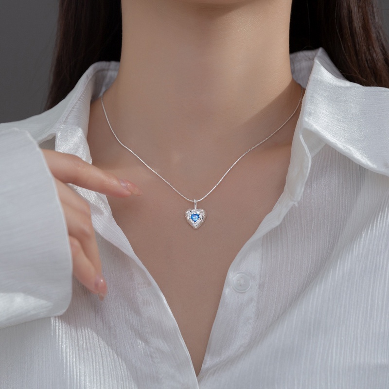 Ahellogirl925 Sterling Silver Niche Desain High-end Dengan Temperamen, Kalung Cinta Biru, Rantai Tulang Selangka Modis