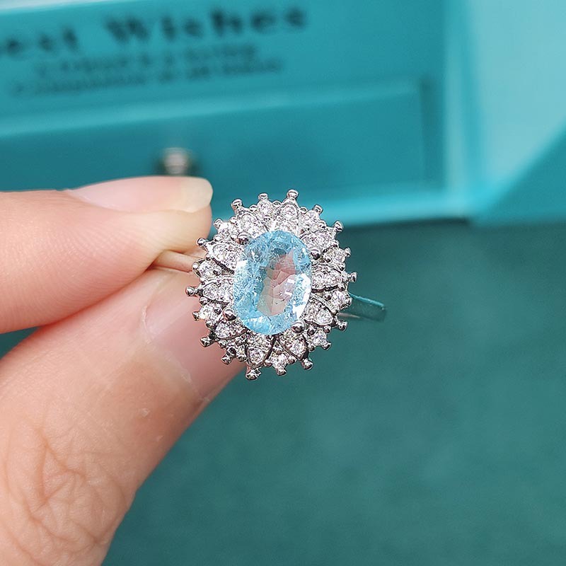 Goldkingdom Aksesoris Perhiasan Fashion Ready Stock Natural Sky Blue Topaz Ring Cincin Warna-Warni Perempuan