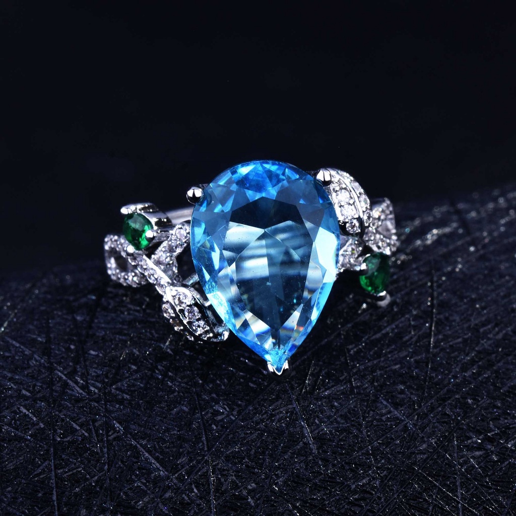 Goldkingdom Aksesoris Perhiasan Fashion Ready Stock Natural Blue Topaz Cincin Perempuan Set Permata Pembukaan Cincin Perhiasan Warna-Warni Jewelry Ring