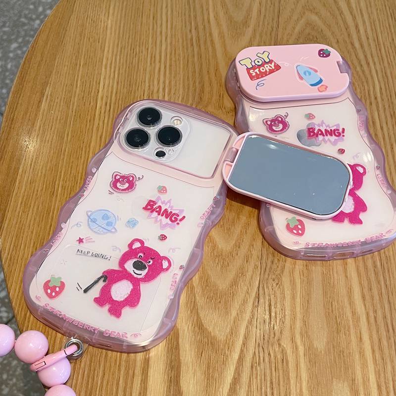 Strawberry Bear Toy Mirror Bracelet Soft TPU Case HP iP iPhone 14 + Plus 11 12 13 Pro Max X XS XR Max Girl Woman FTD Casing Apple