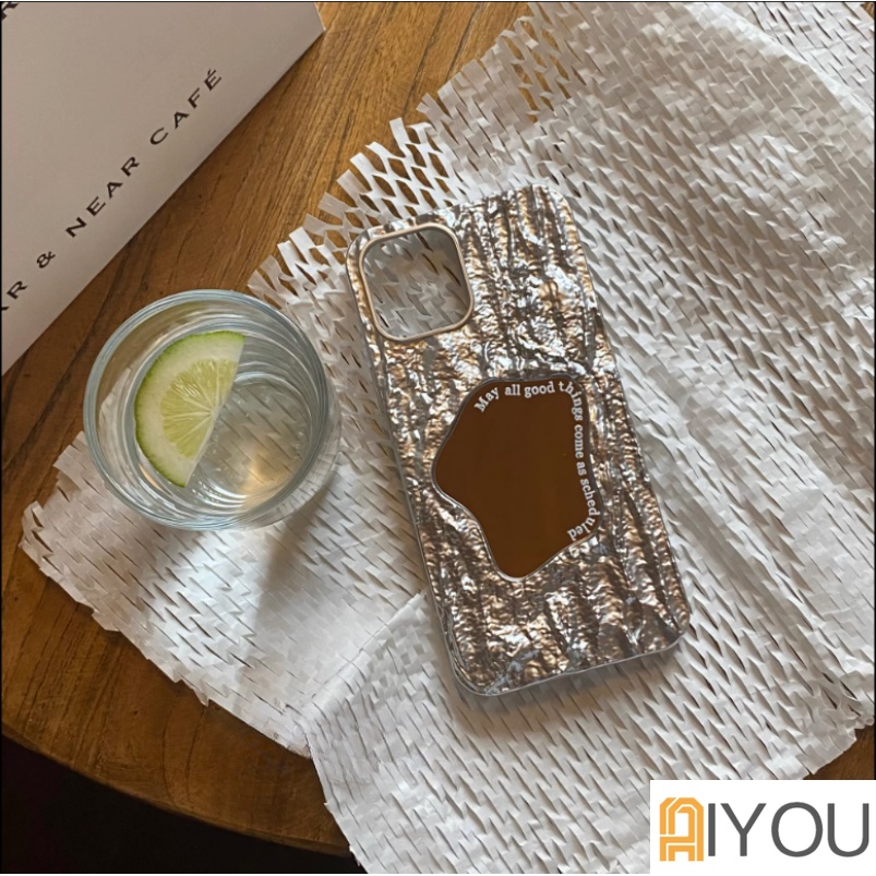 Fashion 3D Tin Foil Pola Batu Make Up Cermin case iPhone casing hp Untuk iPhone 14 Pro Max12 13 Pro 11 Pro Max7 8 Plus Lembut TPU Silikon Plating Shockproof Casing