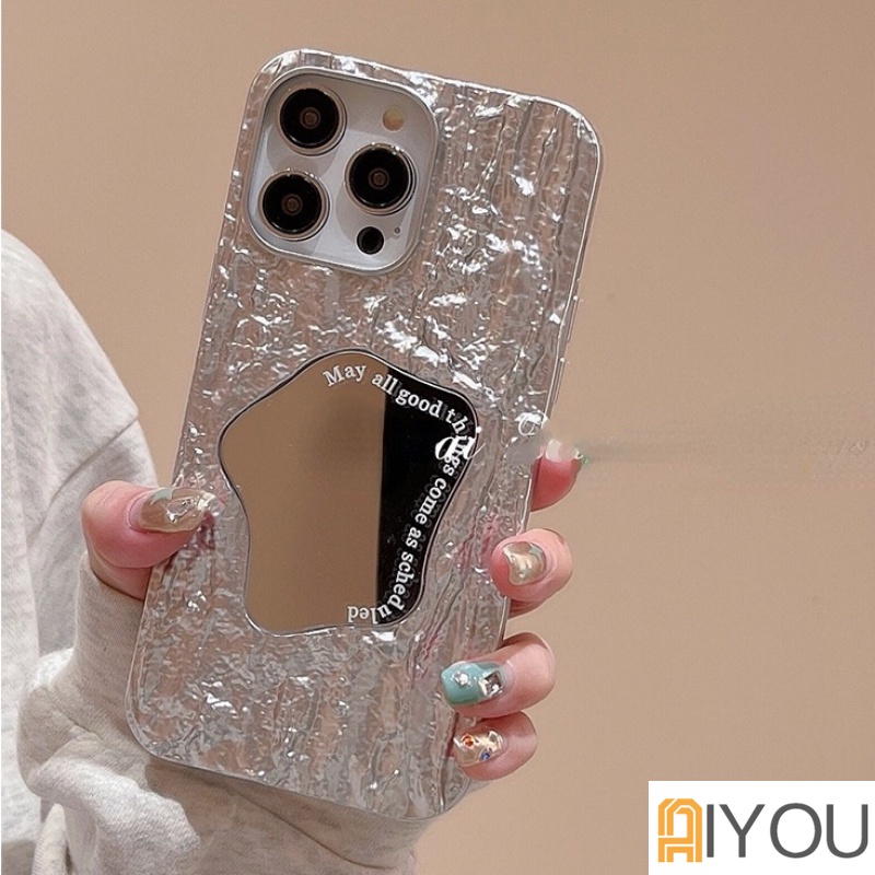 Fashion 3D Tin Foil Pola Batu Make Up Cermin case iPhone casing hp Untuk iPhone 14 Pro Max12 13 Pro 11 Pro Max7 8 Plus Lembut TPU Silikon Plating Shockproof Casing